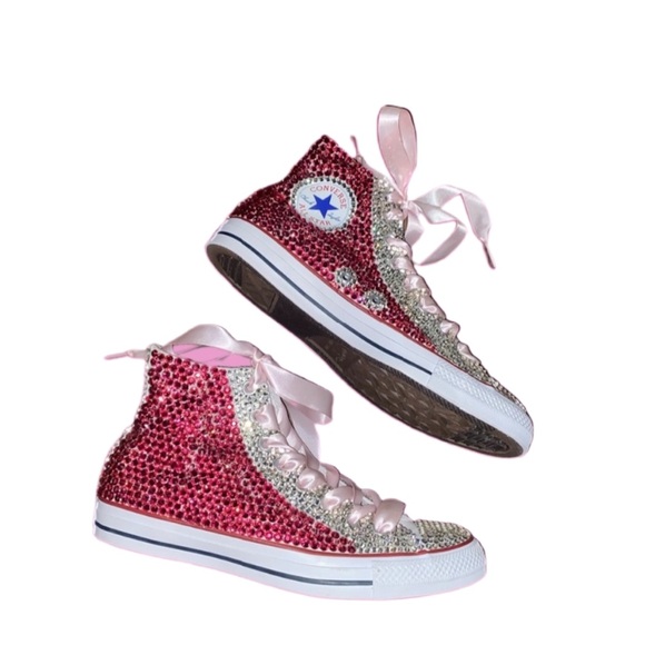 Rose Pink & Crystal High Top Converse Sizes 5-14 New In Box With Ribbon Laces - Picture 3 of 14